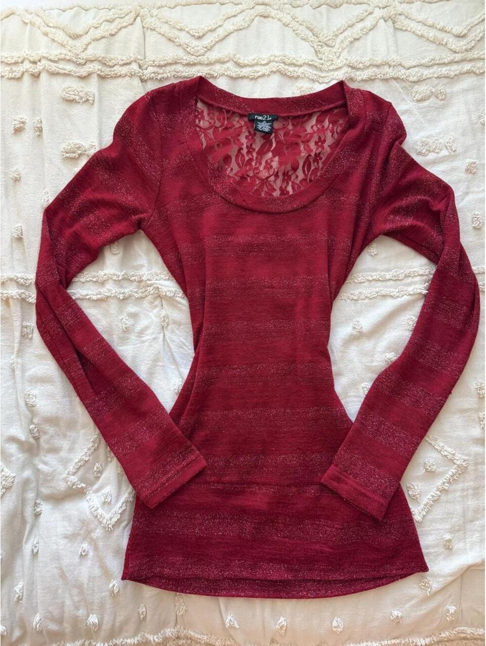 Rue21 Red Metallic Stripe Lace Back Tunic Top Size M